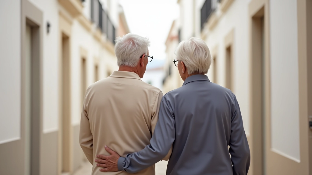Older couple walking through Portuguese village street holding hands, natural daylight, community feel