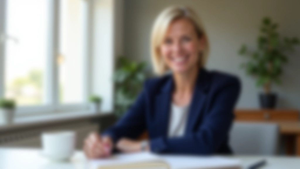 Professional woman in blazer at desk with notebook and coffee, modern office setting, focused expression