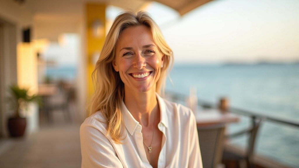 Woman in her 50s smiling at cafe overlooking Portuguese coastal town, warm natural light, peaceful expression